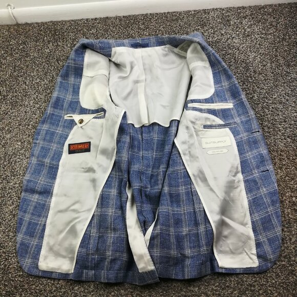 SuitSupply Sport Coat Blazer 40S E Thomas Silk Wool Linen Windowpane Plaid Blue - Picture 4 of 14